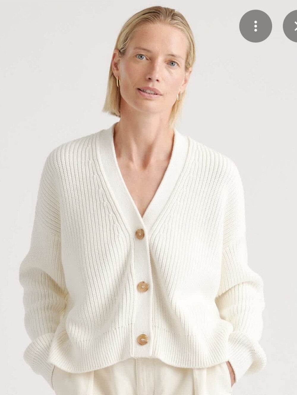 Quince White Chunky Fisherman Rib Cropped V-Neck Cardigan Sweater